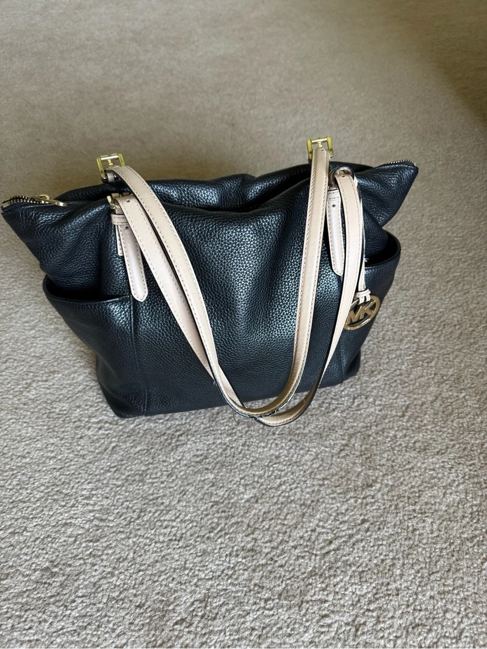 Michael Kors Black Pebbled Leather Shoulder Tote with Beige Straps